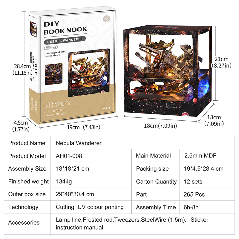 DIY Sci-Fi Book Nook Kit: "Nebula Wanderer" 3D Wooden Puzzle with Touch LED Light