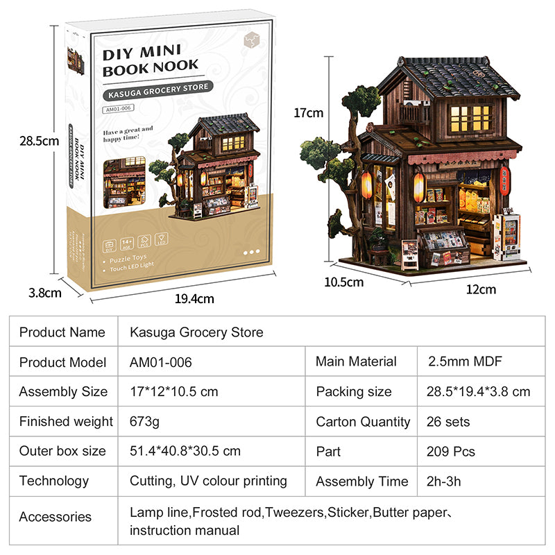 Kasuga Grocery Store DIY Miniature Book Nook - Retro Japanese 3D Wooden Puzzle with Touch LED Light (209 Pcs)