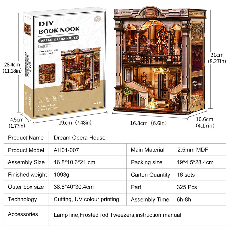 Dream Opera House - DIY Wooden Book Nook Kit with Stained Glass & Touch LED Light