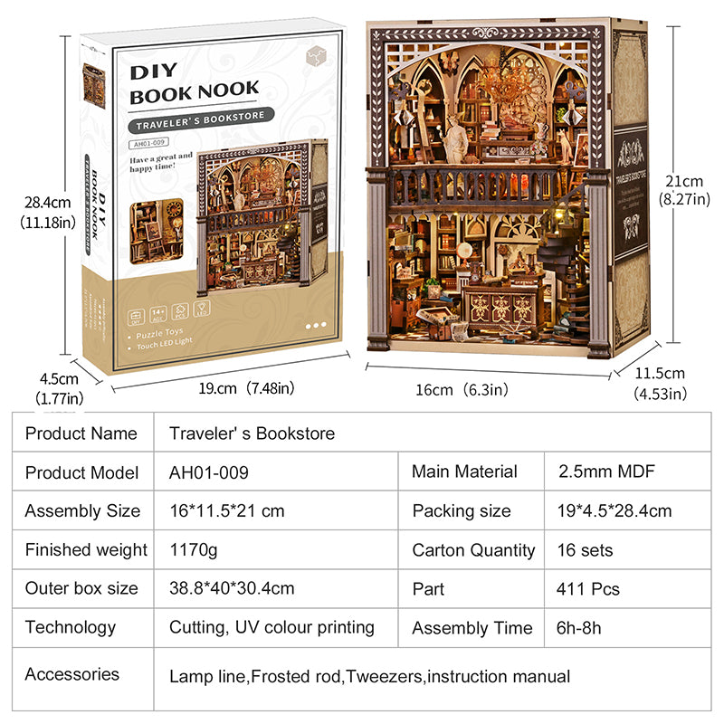 Traveler's Bookstore DIY Book Nook Kit - Vintage 3D Wooden Puzzle Dollhouse with Touch LED Light (411 PCS)