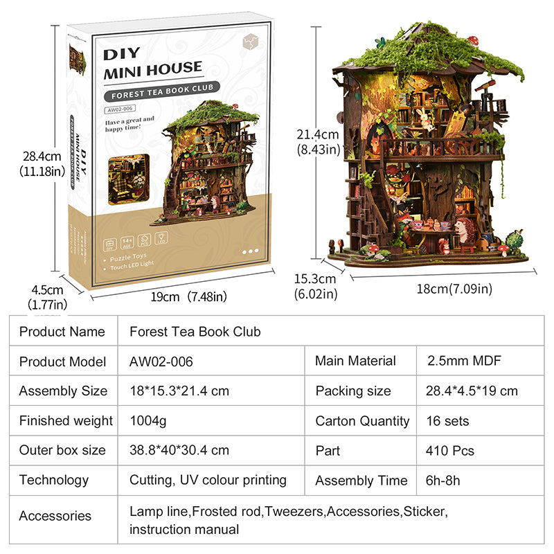 Forest Tea Book Club DIY Miniature Treehouse Kit - Magical 3D Wooden Puzzle with LED Light (410 PCS)