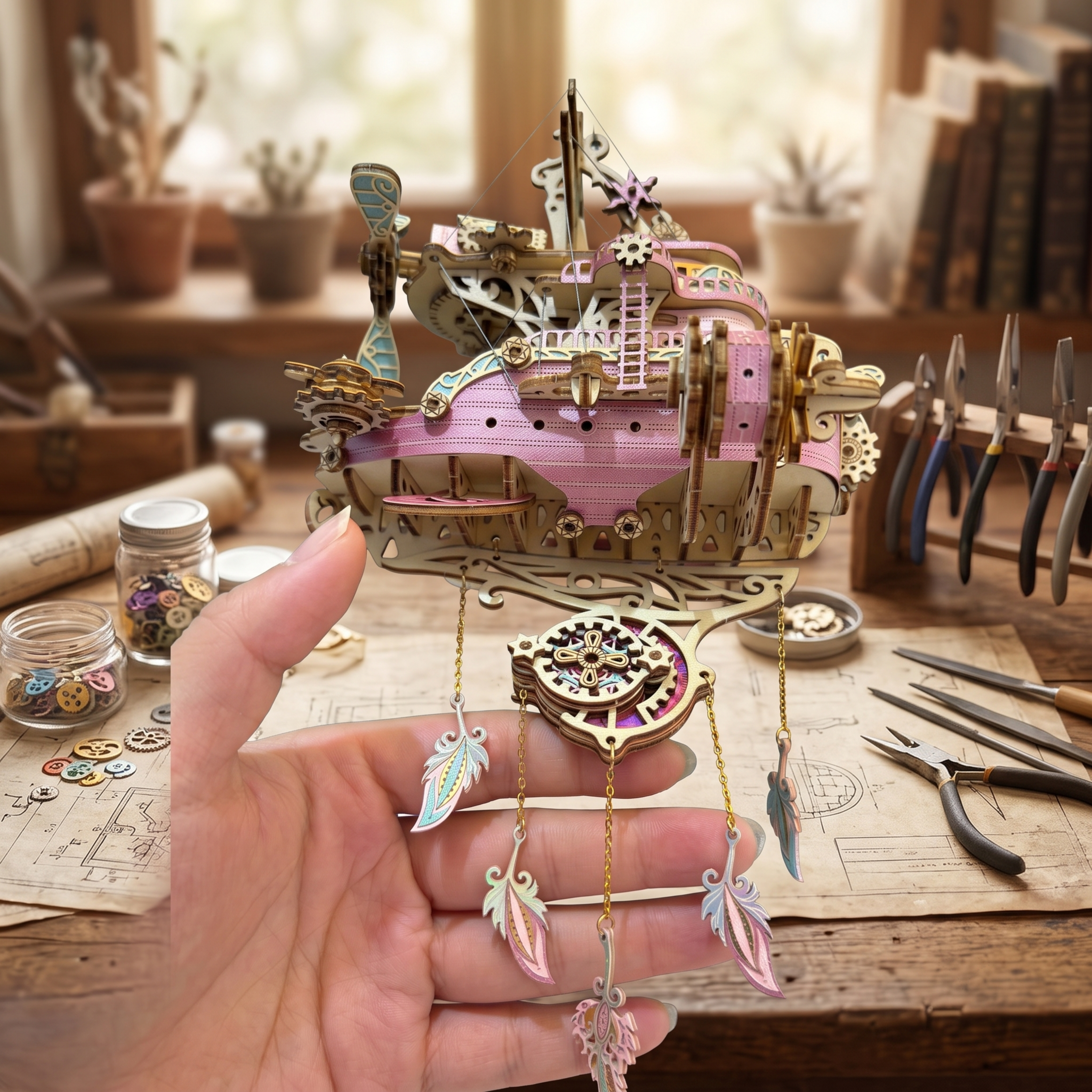 Celestial Airship Dreamcatcher – 3D Wooden DIY Craft Model & Fantasy Home Decor