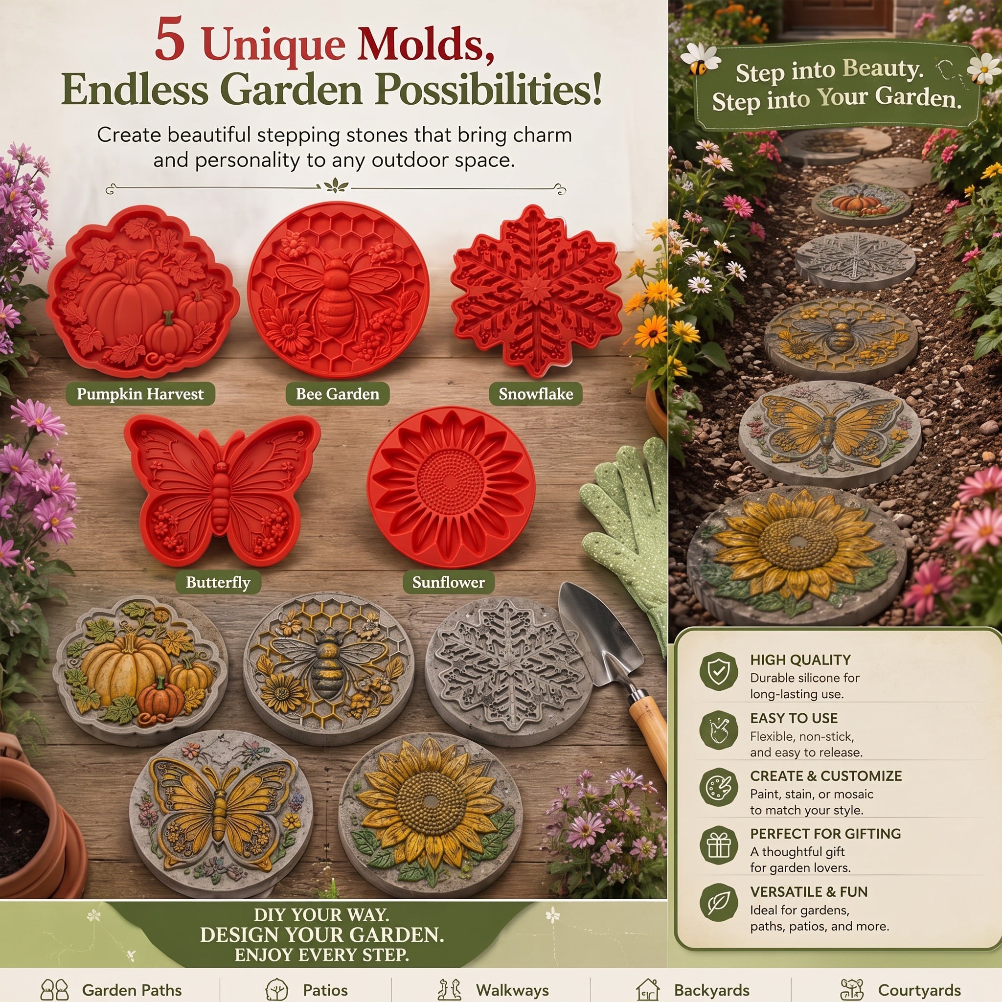 DIY Silicone Garden Stepping Stone Mold (9.8") - Reusable Paving Maker for Walkways, Patios & Outdoor Decor