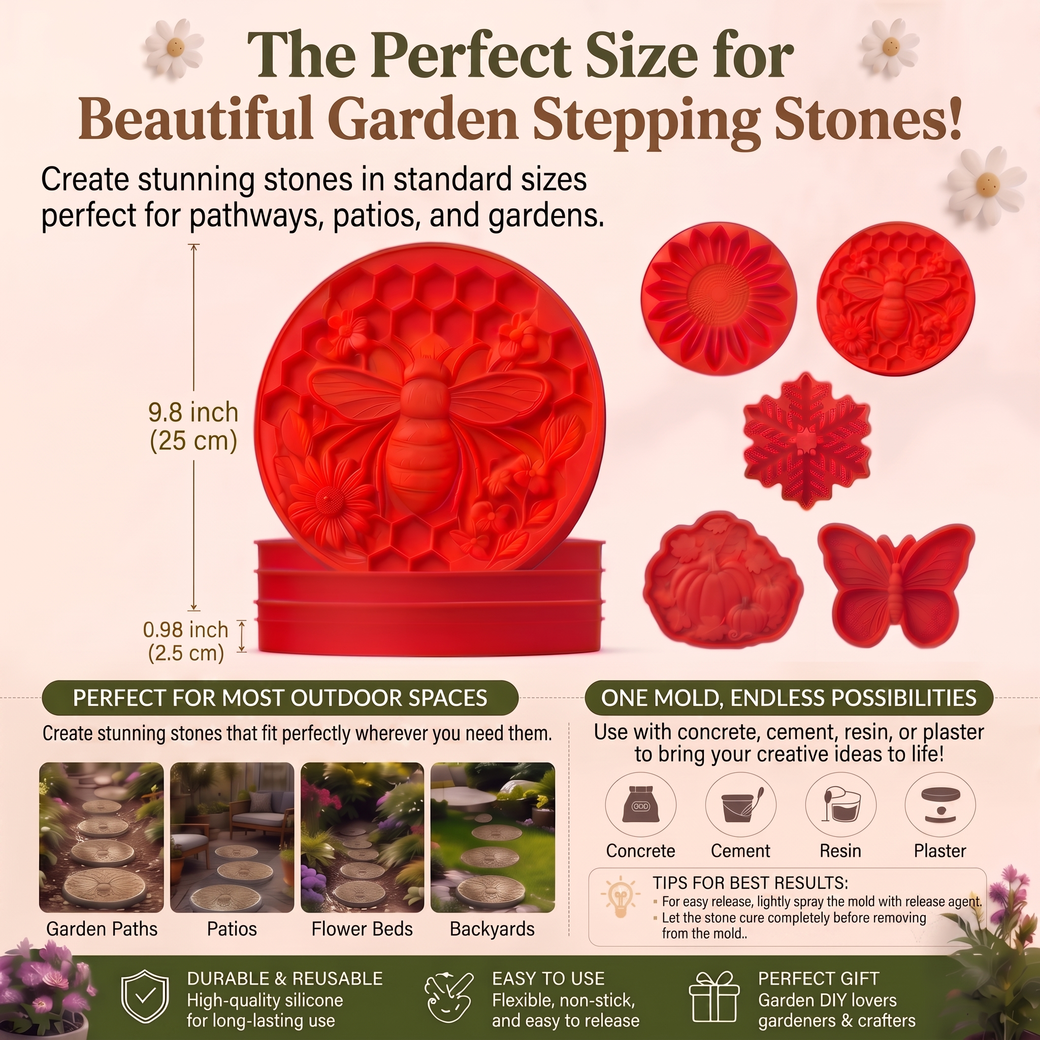 DIY Silicone Garden Stepping Stone Mold (9.8") - Reusable Paving Maker for Walkways, Patios & Outdoor Decor
