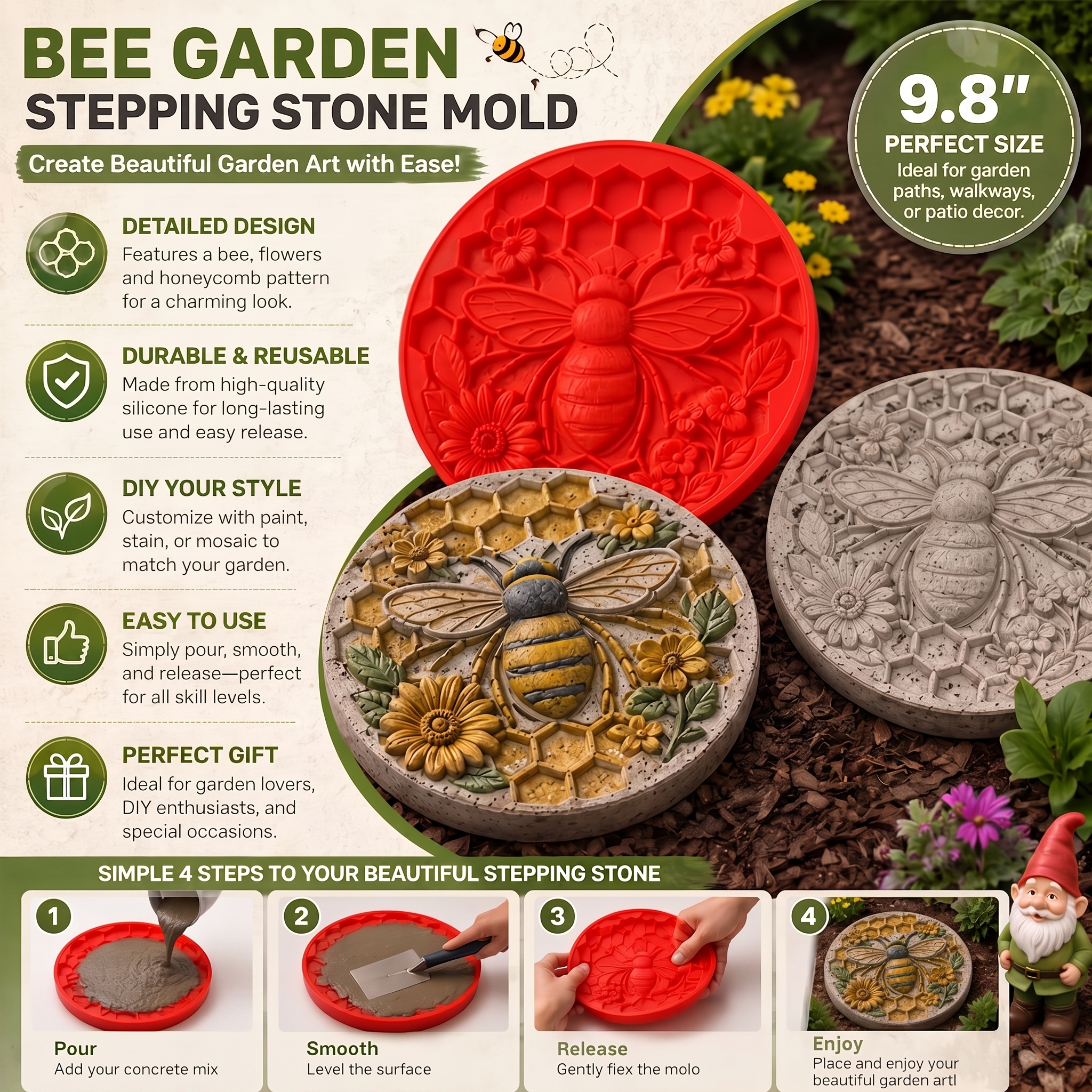 DIY Silicone Garden Stepping Stone Mold (9.8") - Reusable Paving Maker for Walkways, Patios & Outdoor Decor