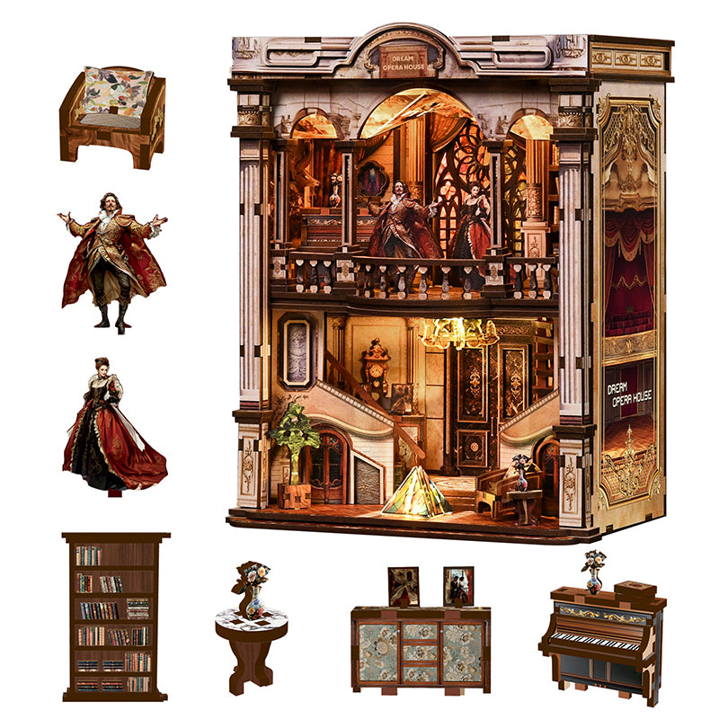 Dream Opera House - DIY Wooden Book Nook Kit with Stained Glass & Touch LED Light