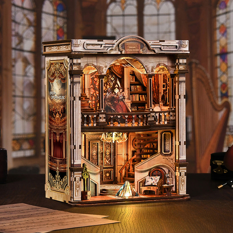 Dream Opera House - DIY Wooden Book Nook Kit with Stained Glass & Touch LED Light