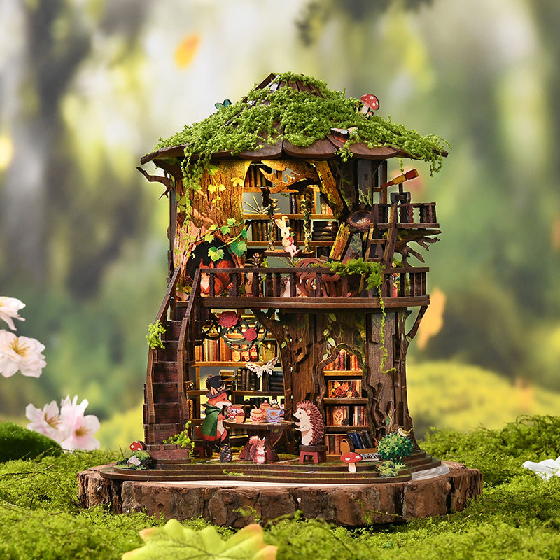 Forest Tea Book Club DIY Miniature Treehouse Kit - Magical 3D Wooden Puzzle with LED Light (410 PCS)