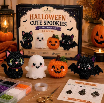 Halloween Cute Spookies 3D Beaded DIY Kit - 4 Piece Craft Set (Cat, Ghost, Pumpkin, Bat)