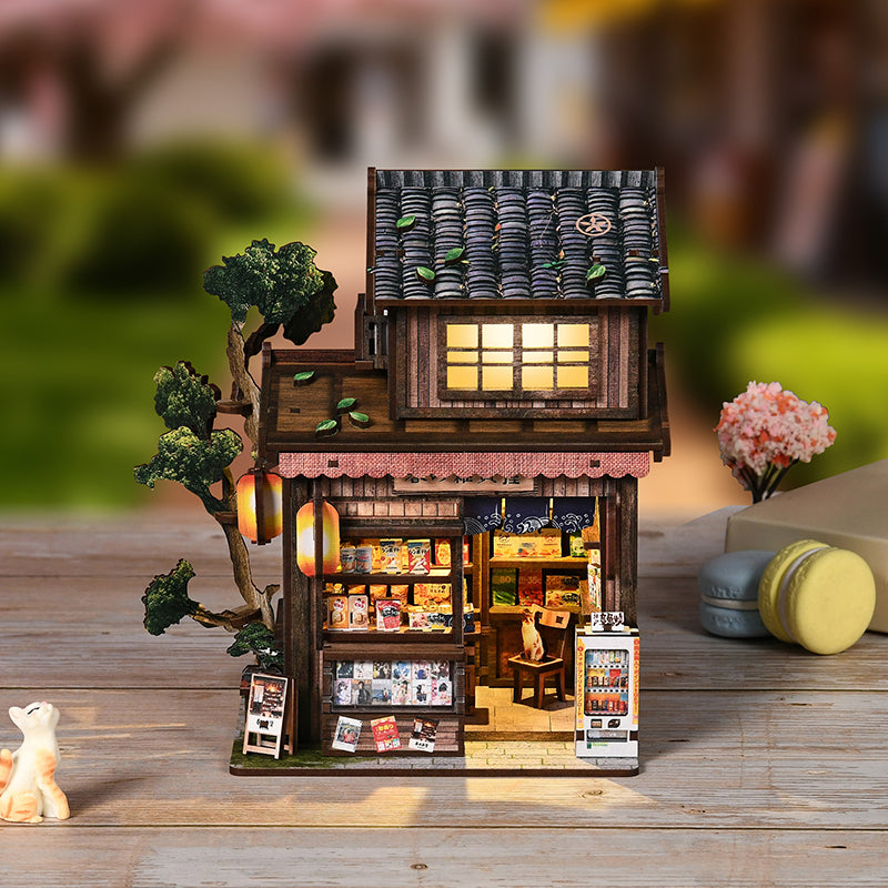Kasuga Grocery Store DIY Miniature Book Nook - Retro Japanese 3D Wooden Puzzle with Touch LED Light (209 Pcs)