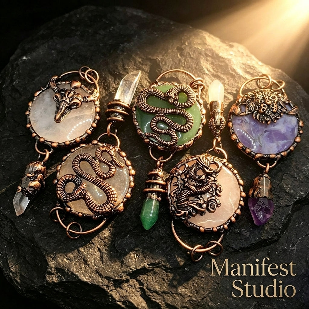 Vintage Animal Totem Necklace — Heavy Electroplated Bronze & Natural Healing Crystal Pendant