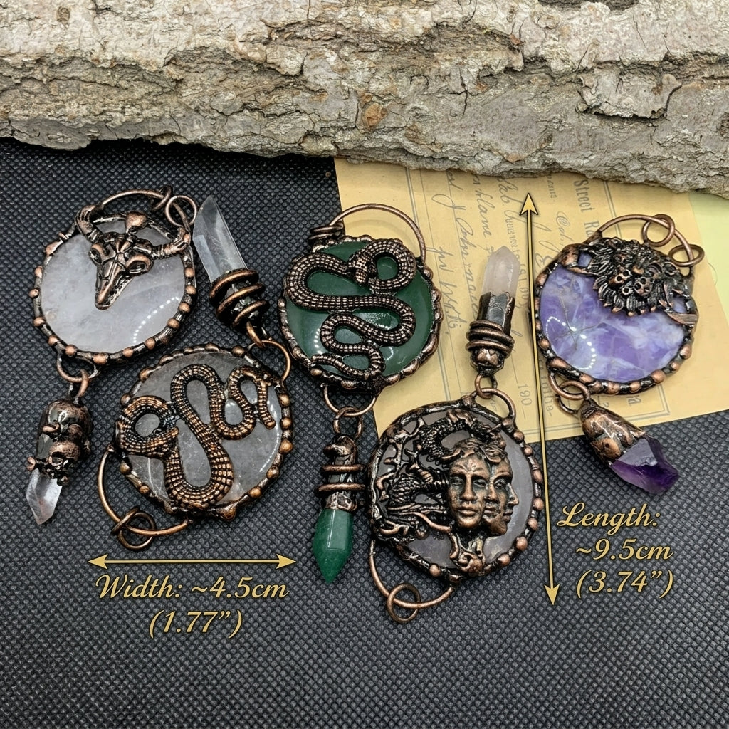 Vintage Animal Totem Necklace — Heavy Electroplated Bronze & Natural Healing Crystal Pendant