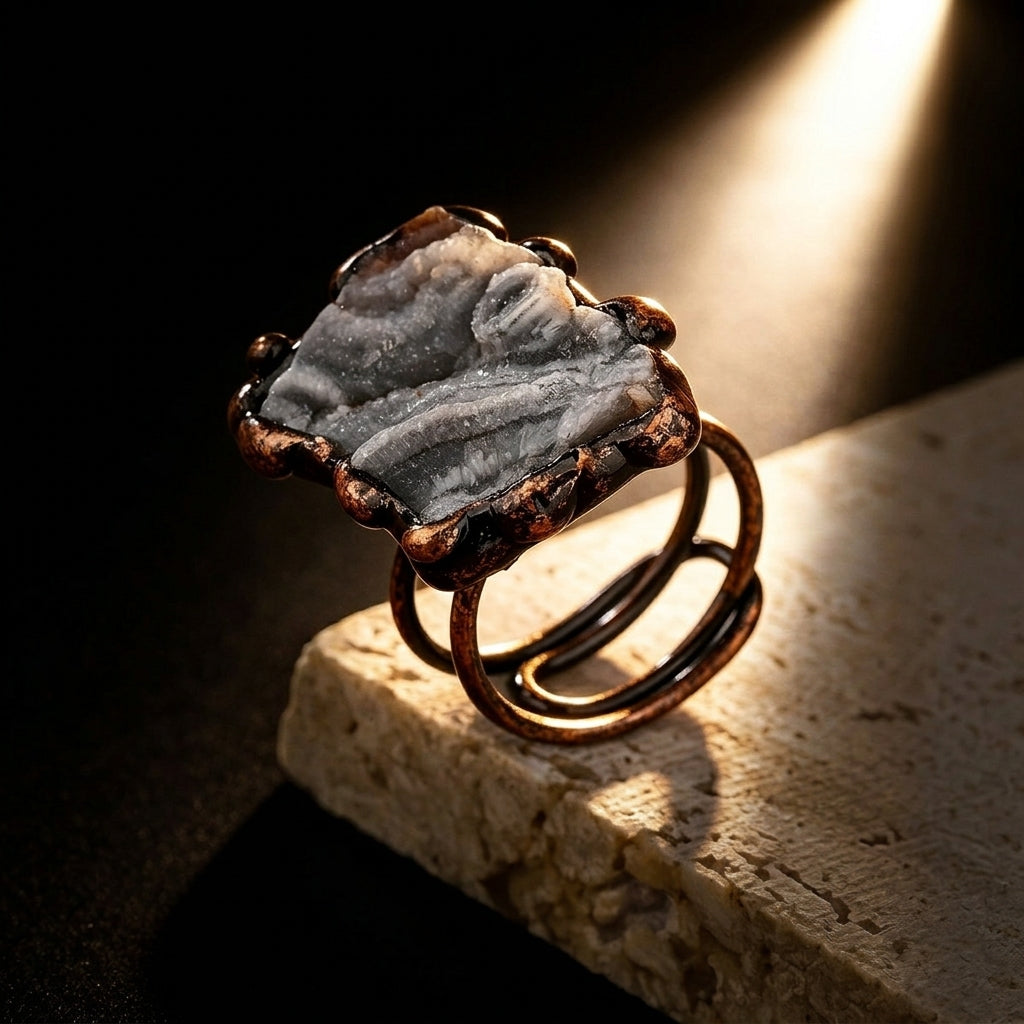 The Solar Alchemist Ring — Wuxing Fire & Earth Druzy Talisman