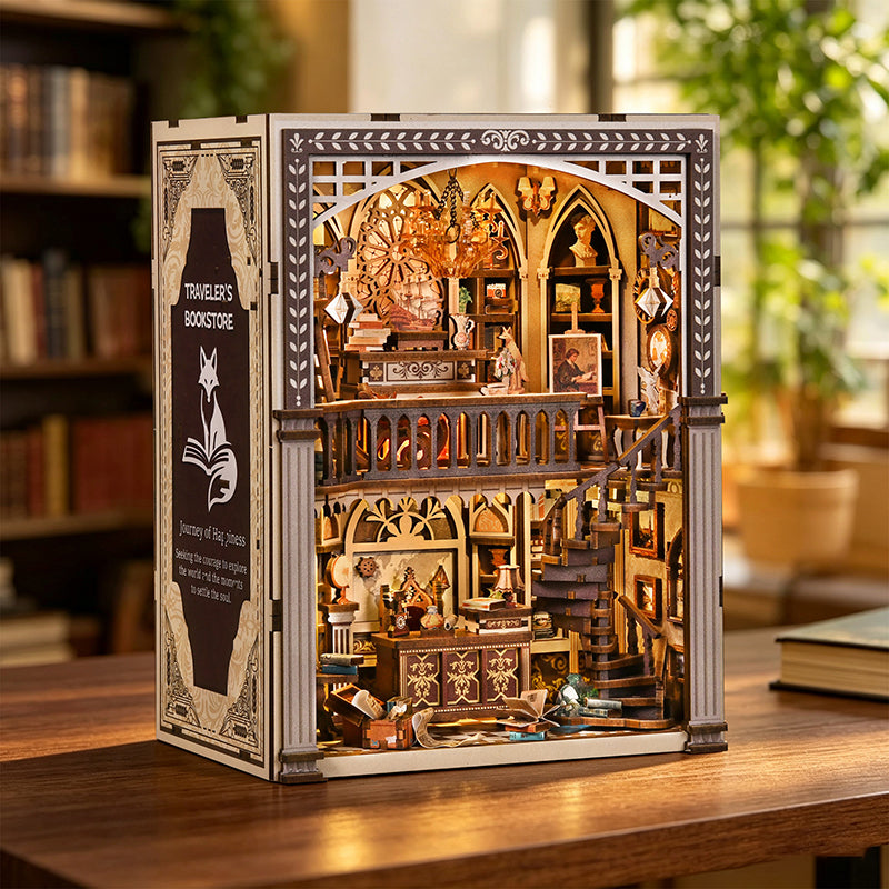 Traveler's Bookstore DIY Book Nook Kit - Vintage 3D Wooden Puzzle Dollhouse with Touch LED Light (411 PCS)