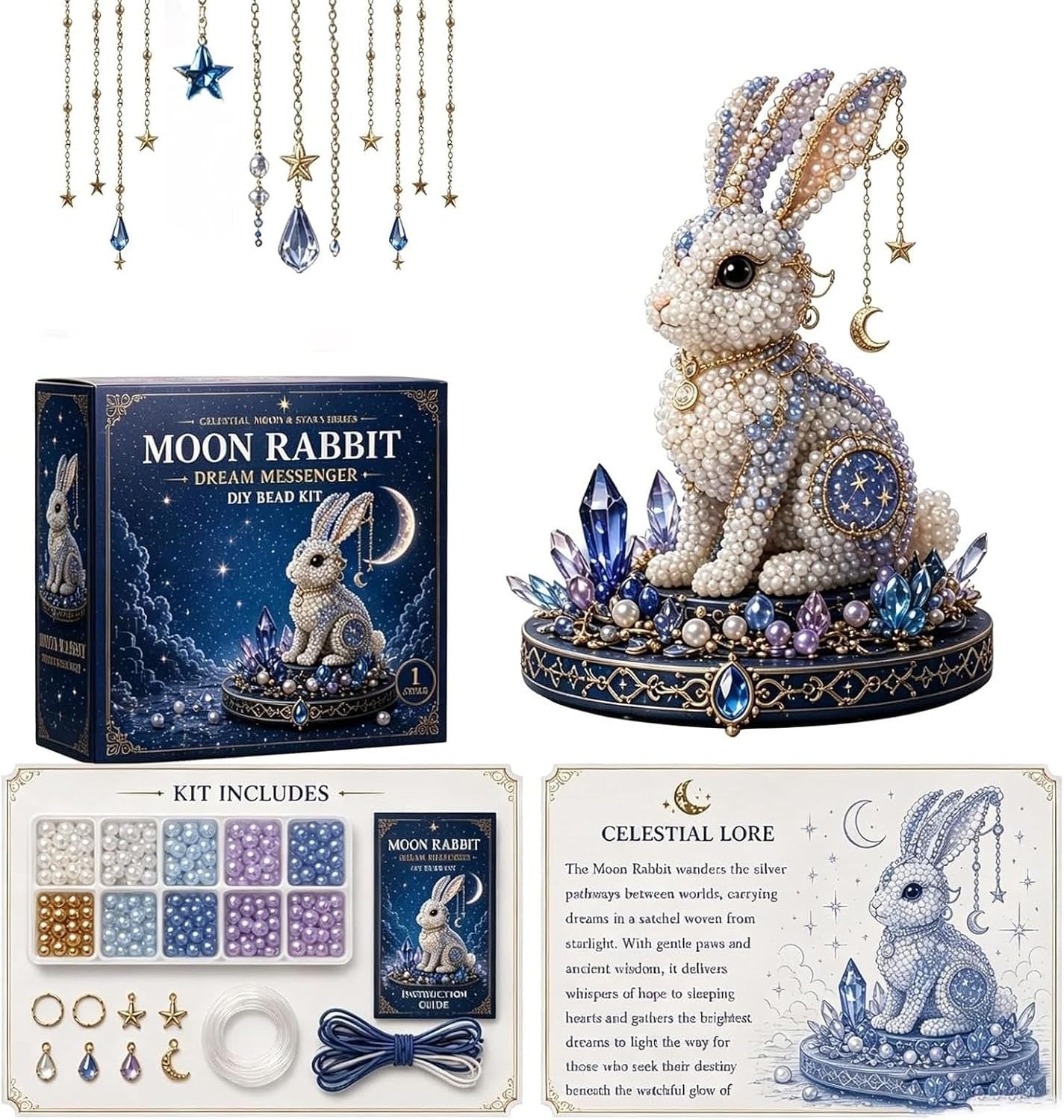 Moon Cat Luna Guardian DIY Bead Kit, Funny 3D Beaded Celestial Moon Stars Craft Kit, Creative Manual Jewelry Art Craft, Gifts for Adults、Beginners、Stargazing Enthusiasts& DIY Craft Lovers