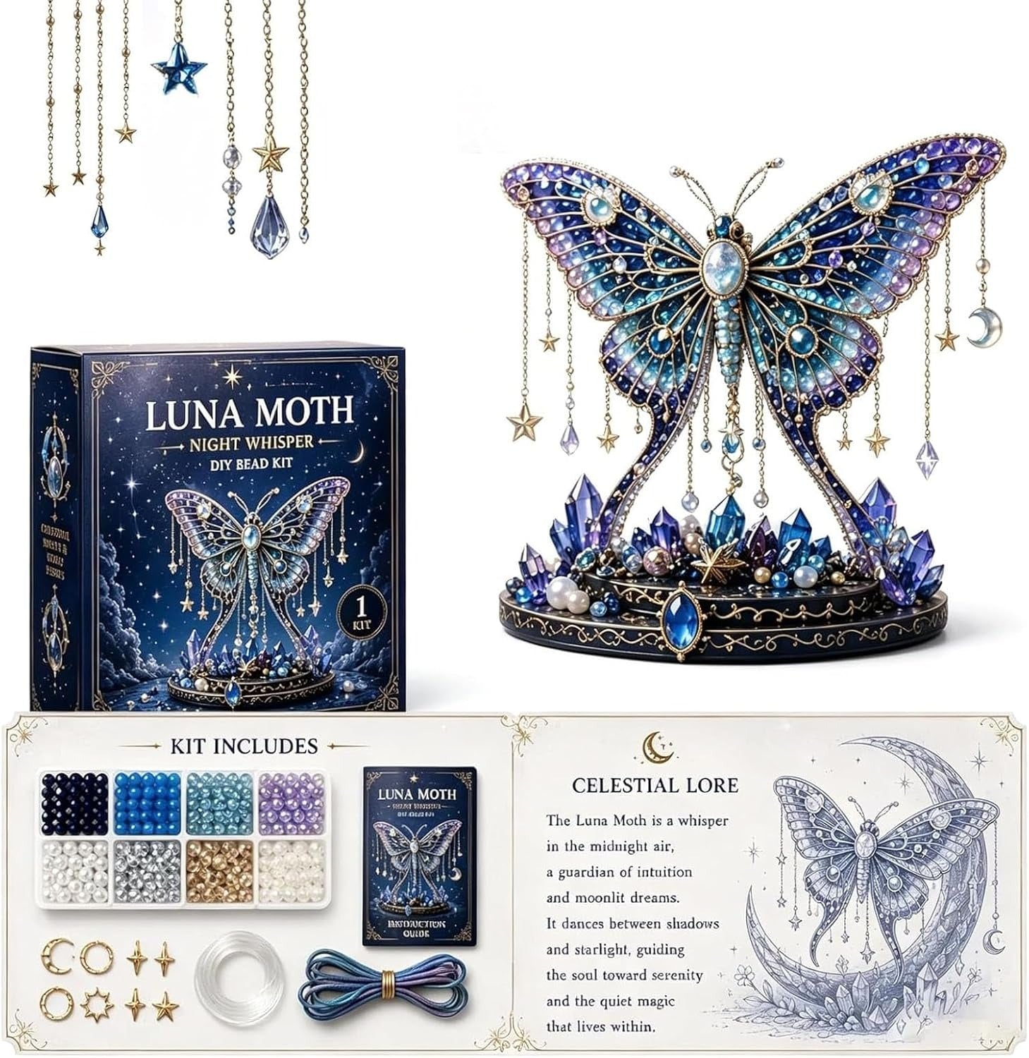 Moon Cat Luna Guardian DIY Bead Kit, Funny 3D Beaded Celestial Moon Stars Craft Kit, Creative Manual Jewelry Art Craft, Gifts for Adults、Beginners、Stargazing Enthusiasts& DIY Craft Lovers