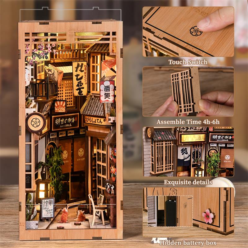 The Alley Waiting for the Cat - Japanese Street DIY Wooden Book Nook Kit with LED Touch Light