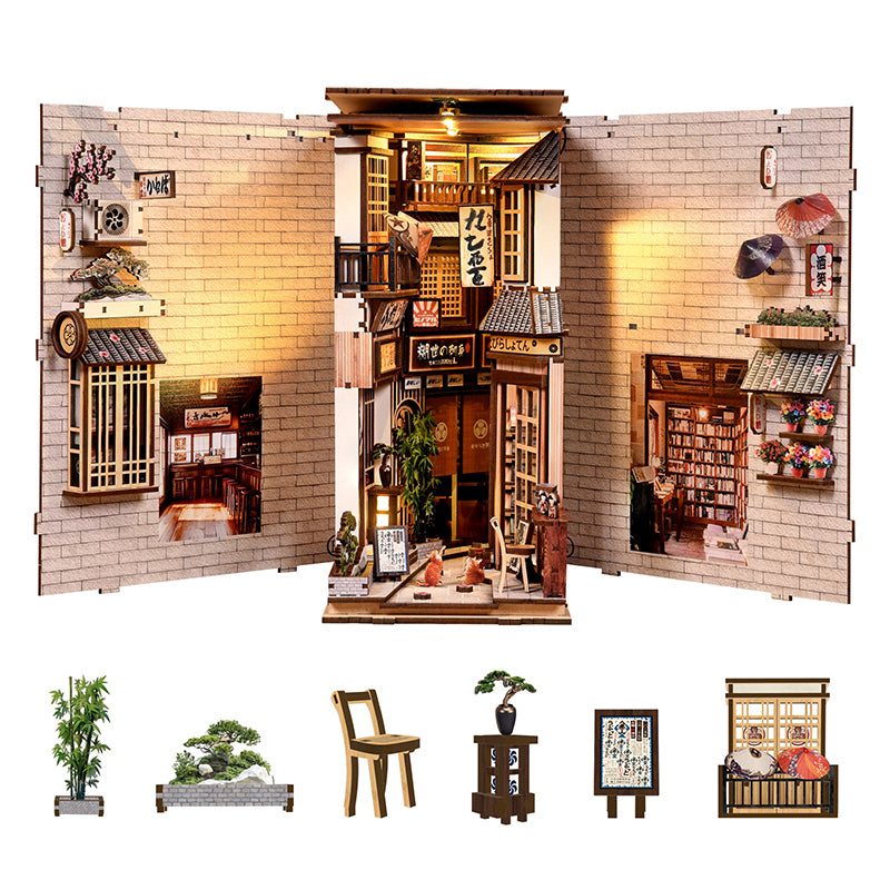 The Alley Waiting for the Cat - Japanese Street DIY Wooden Book Nook Kit with LED Touch Light