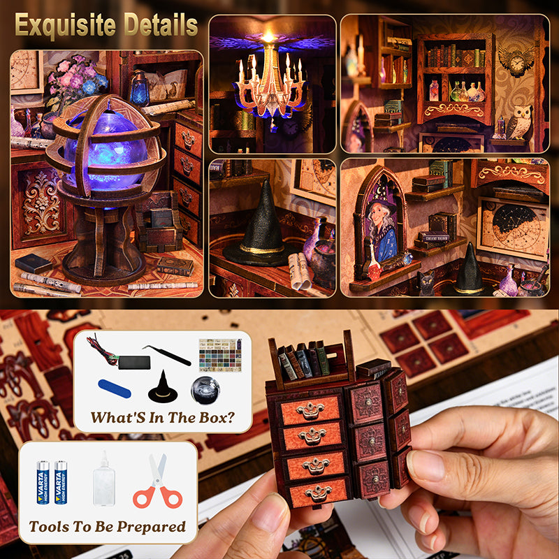 The Arcanum Bookstore - Magical DIY Book Nook Kit with Glowing Crystal Ball & Touch LED