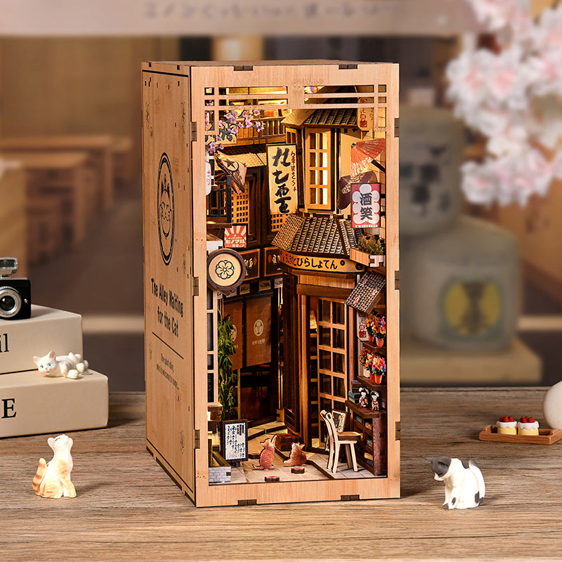 The Alley Waiting for the Cat - Japanese Street DIY Wooden Book Nook Kit with LED Touch Light