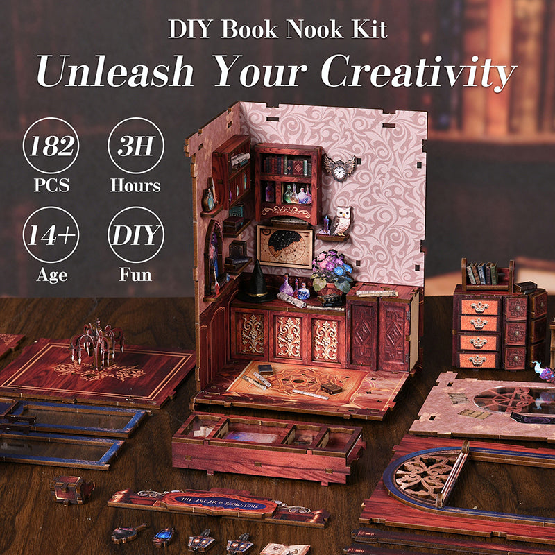 The Arcanum Bookstore - Magical DIY Book Nook Kit with Glowing Crystal Ball & Touch LED