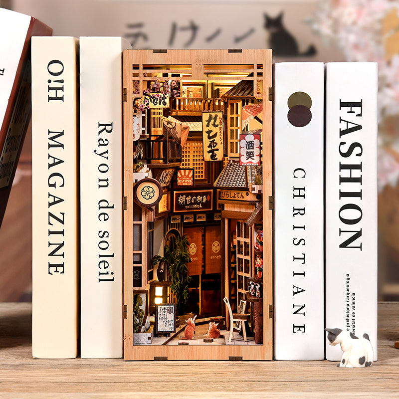 The Alley Waiting for the Cat - Japanese Street DIY Wooden Book Nook Kit with LED Touch Light