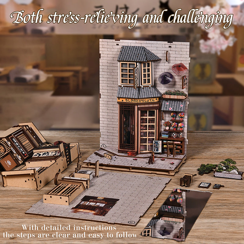 The Alley Waiting for the Cat - Japanese Street DIY Wooden Book Nook Kit with LED Touch Light