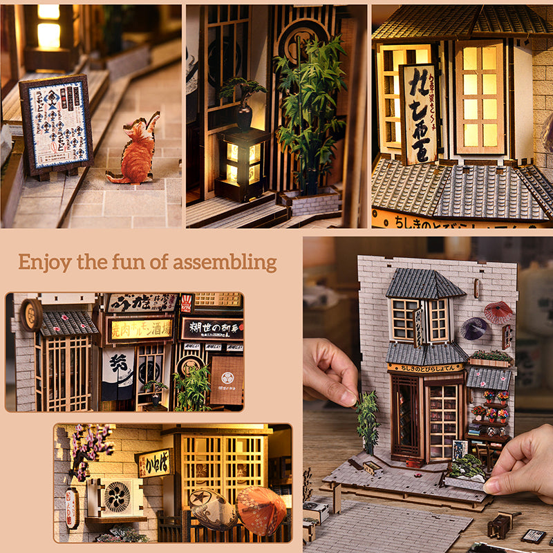 The Alley Waiting for the Cat - Japanese Street DIY Wooden Book Nook Kit with LED Touch Light