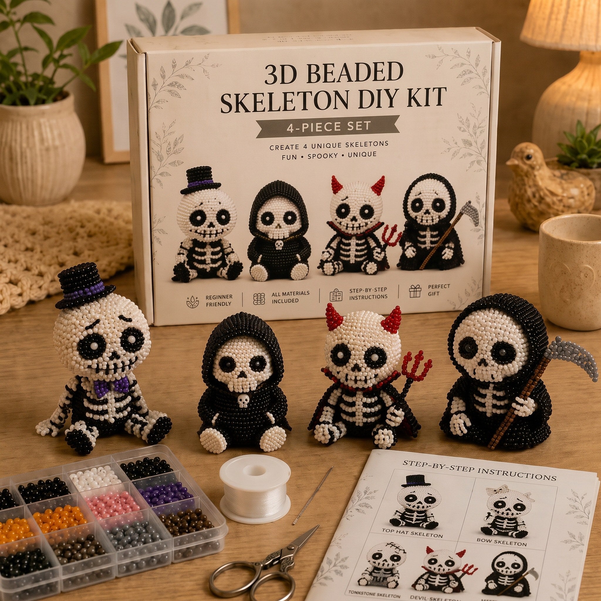 4-Piece 3D Beaded Skeleton DIY Kit - Halloween Craft & Decor Set for Beginners