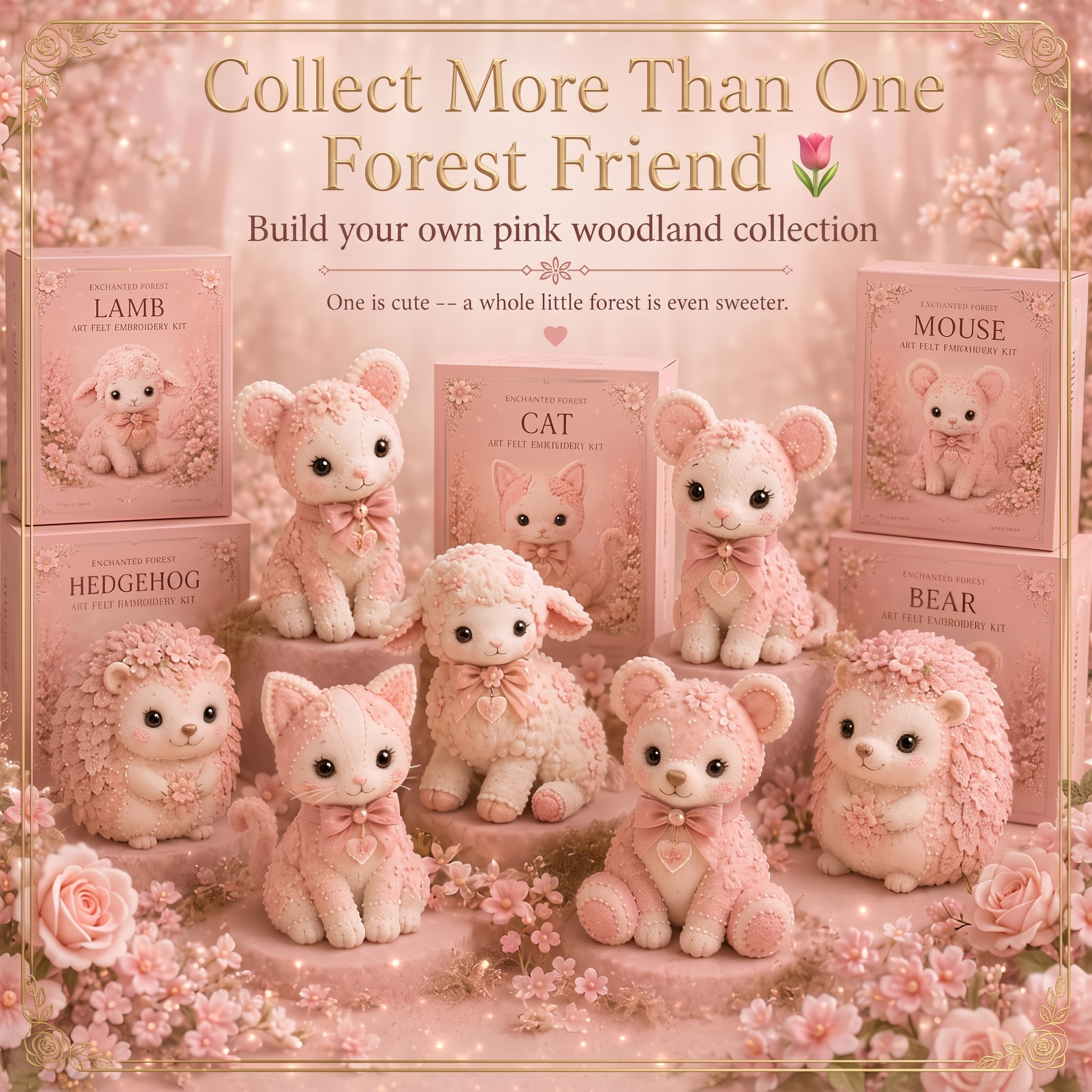 Enchanted Pink Woodland Friends DIY Felt Patchwork Kit | Collectible Animal Craft Set