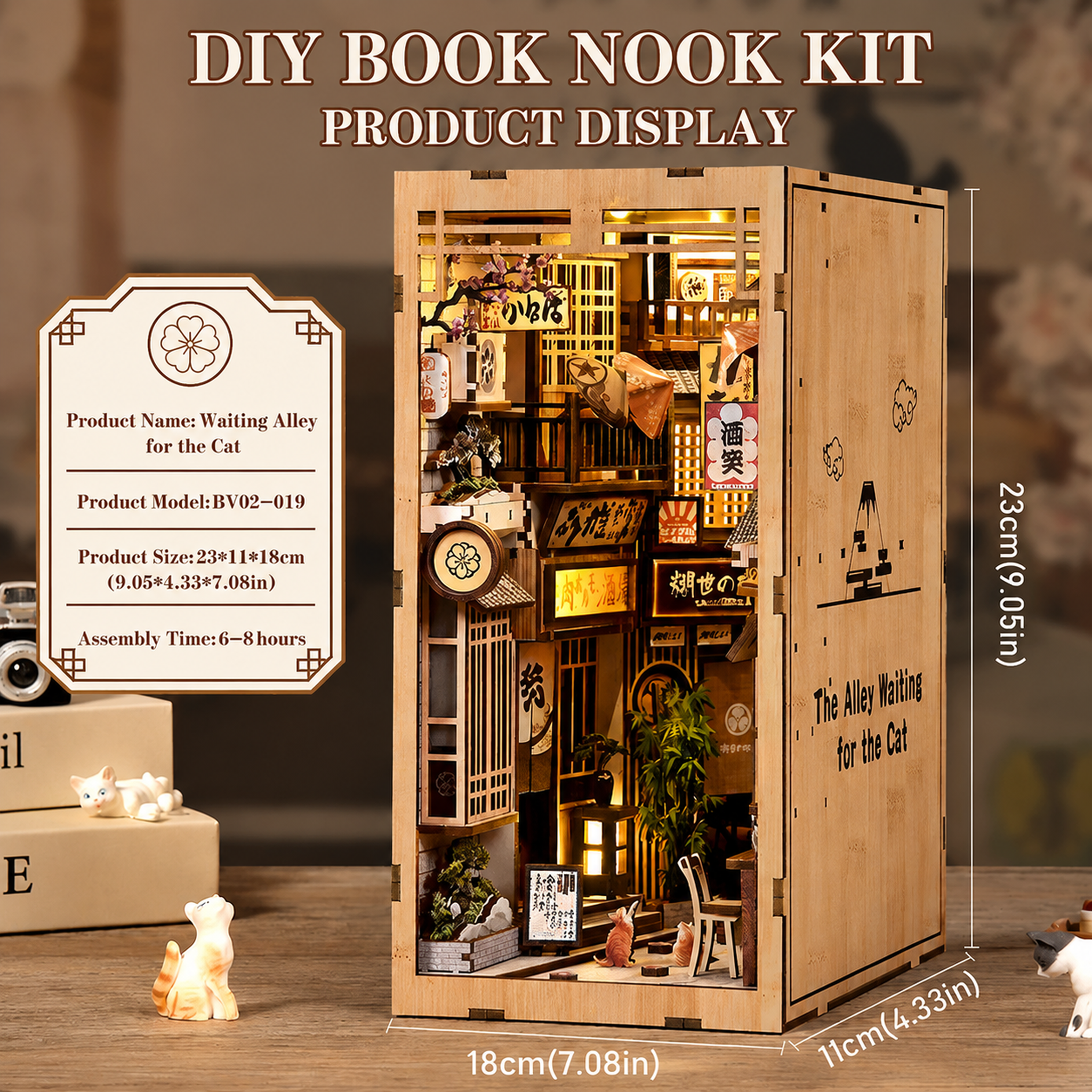 The Alley Waiting for the Cat - Japanese Street DIY Wooden Book Nook Kit with LED Touch Light