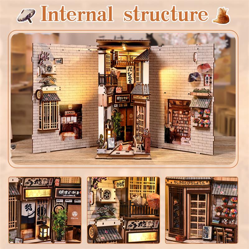The Alley Waiting for the Cat - Japanese Street DIY Wooden Book Nook Kit with LED Touch Light