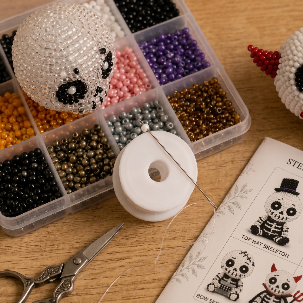 4-Piece 3D Beaded Skeleton DIY Kit - Halloween Craft & Decor Set for Beginners