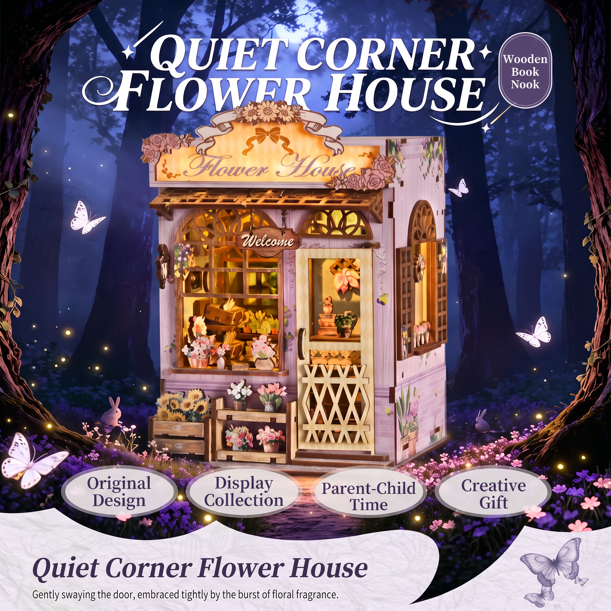 Quiet Corner Flower House DIY Miniature Book Nook Kit | 3D Wooden Puzzle Dollhouse with Touch LED Lights