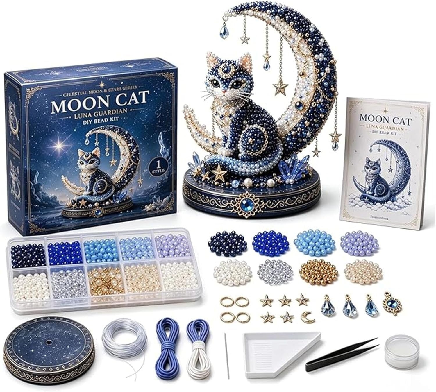 Moon Cat Luna Guardian DIY Bead Kit, Funny 3D Beaded Celestial Moon Stars Craft Kit, Creative Manual Jewelry Art Craft, Gifts for Adults、Beginners、Stargazing Enthusiasts& DIY Craft Lovers