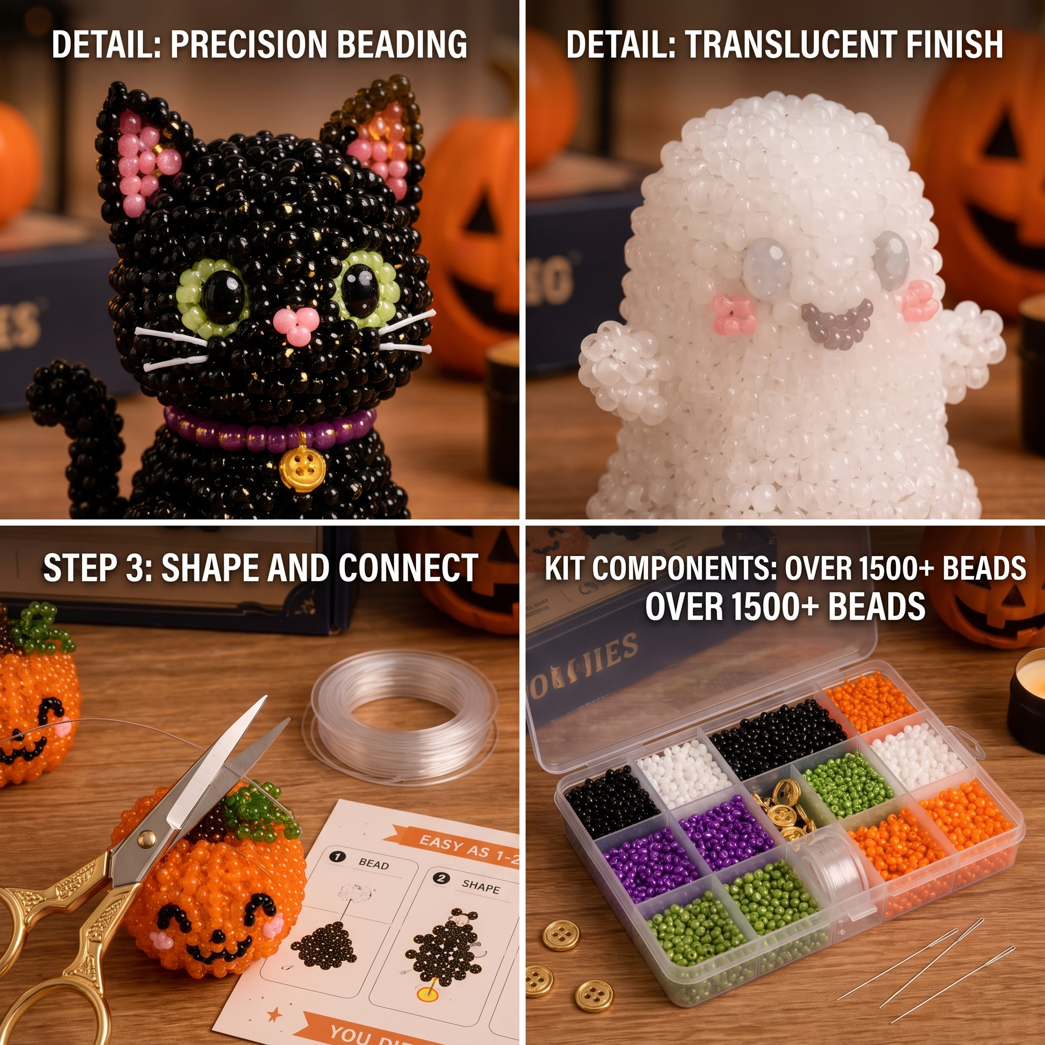 Halloween Cute Spookies 3D Beaded DIY Kit - 4 Piece Craft Set (Cat, Ghost, Pumpkin, Bat)