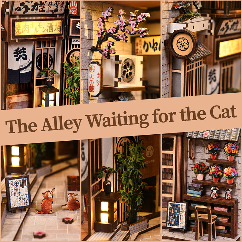 The Alley Waiting for the Cat - Japanese Street DIY Wooden Book Nook Kit with LED Touch Light