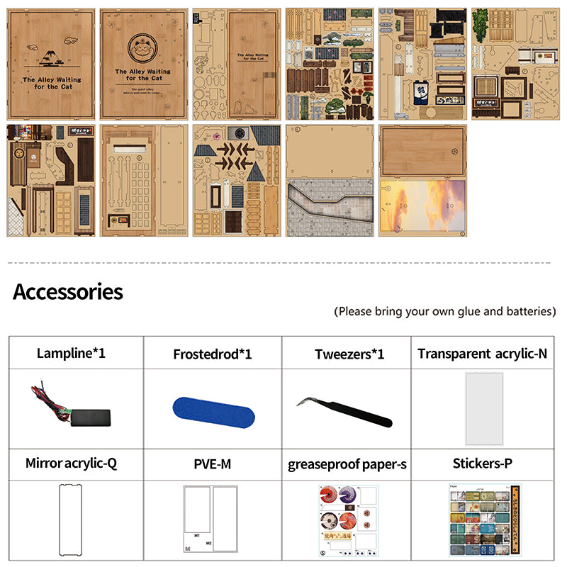 The Alley Waiting for the Cat - Japanese Street DIY Wooden Book Nook Kit with LED Touch Light