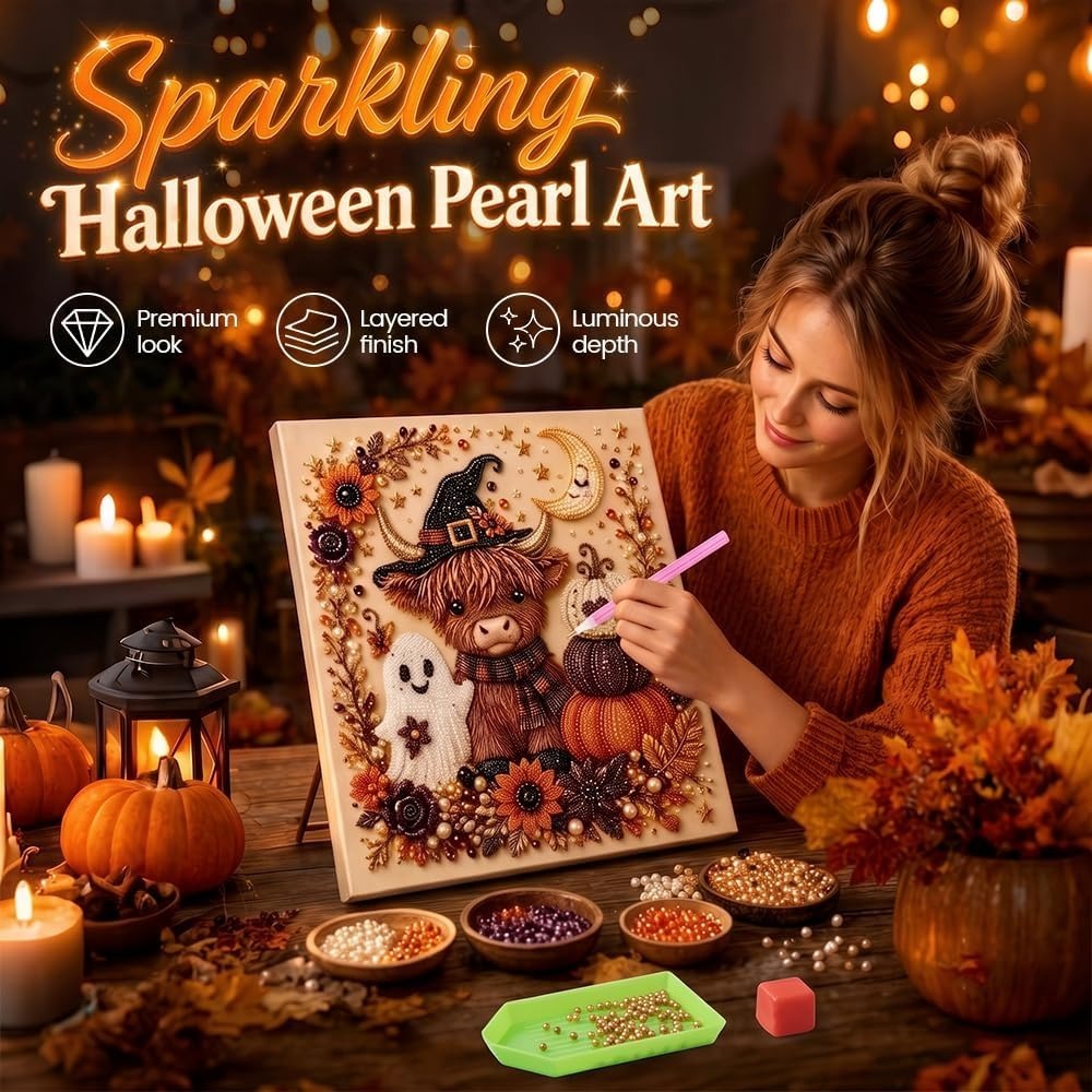 Halloween Ghost Pearl Art DIY Kit, 2026 Upgraded Seasonal Bead Wall Display Craft Set, Portable Fall Home Decor Handcraft Kit for Starters