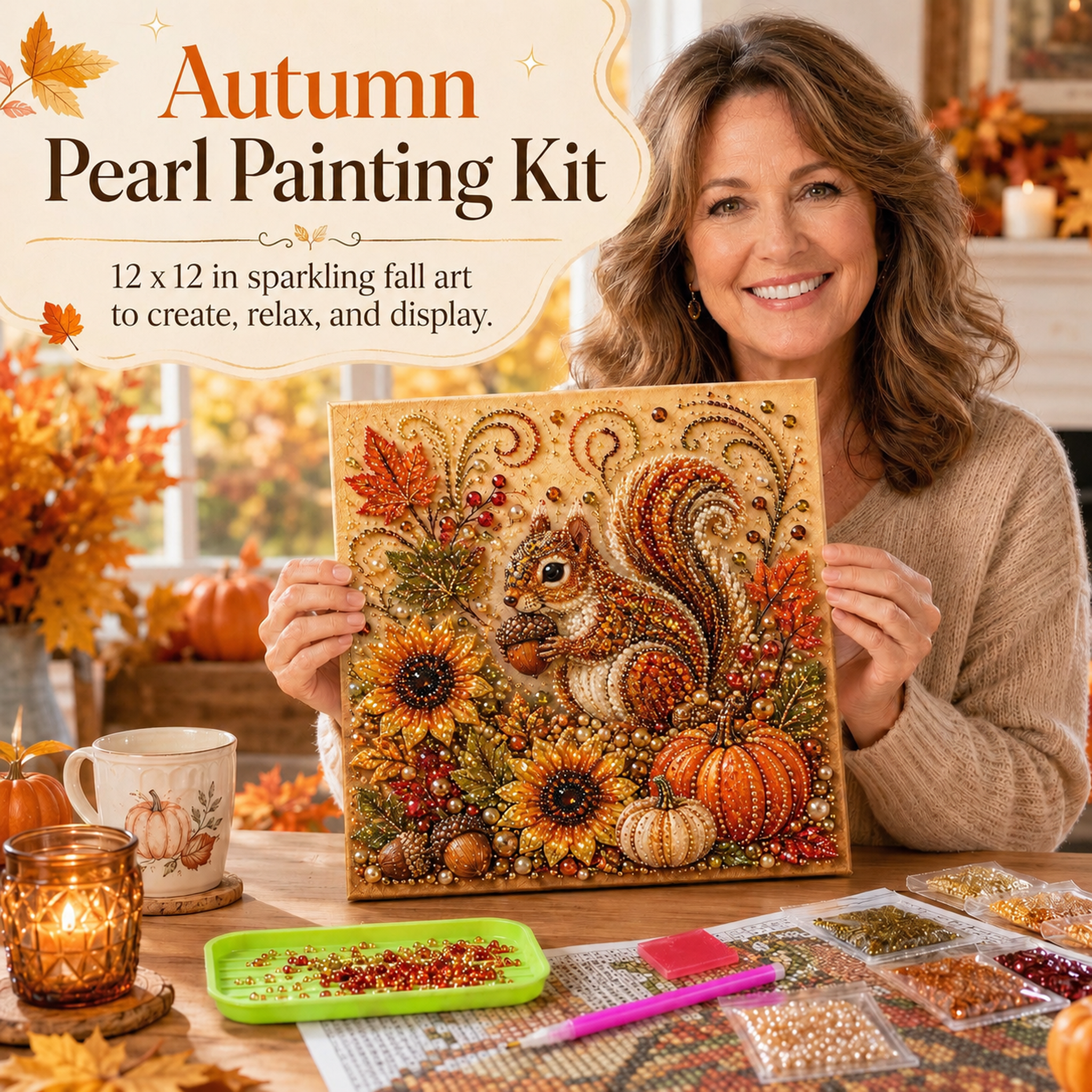 Fall Decor DIY Craft: Sparkling Autumn Pearl Painting Canvas (6 Styles)