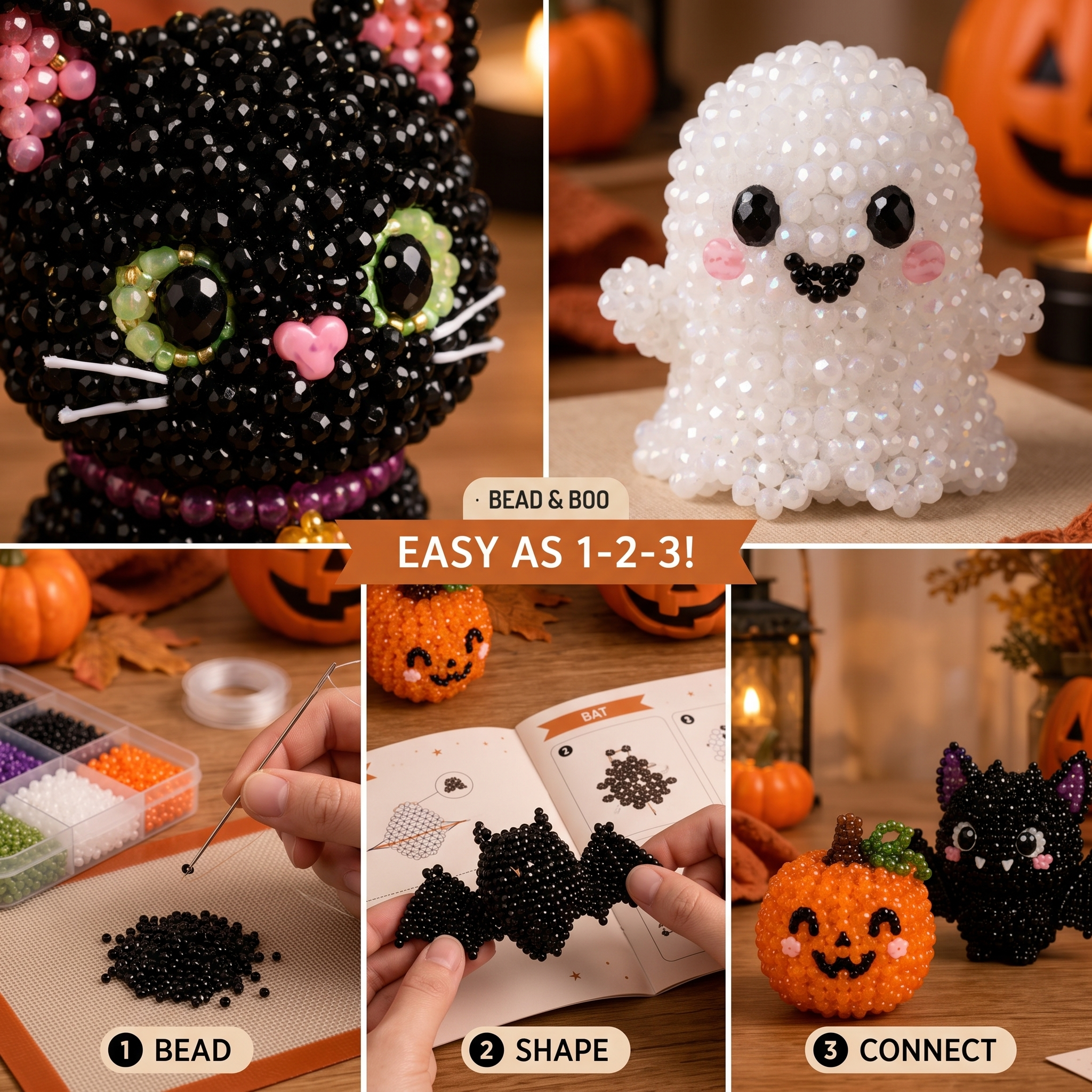 Halloween Cute Spookies 3D Beaded DIY Kit - 4 Piece Craft Set (Cat, Ghost, Pumpkin, Bat)