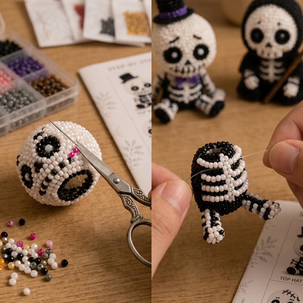 4-Piece 3D Beaded Skeleton DIY Kit - Halloween Craft & Decor Set for Beginners