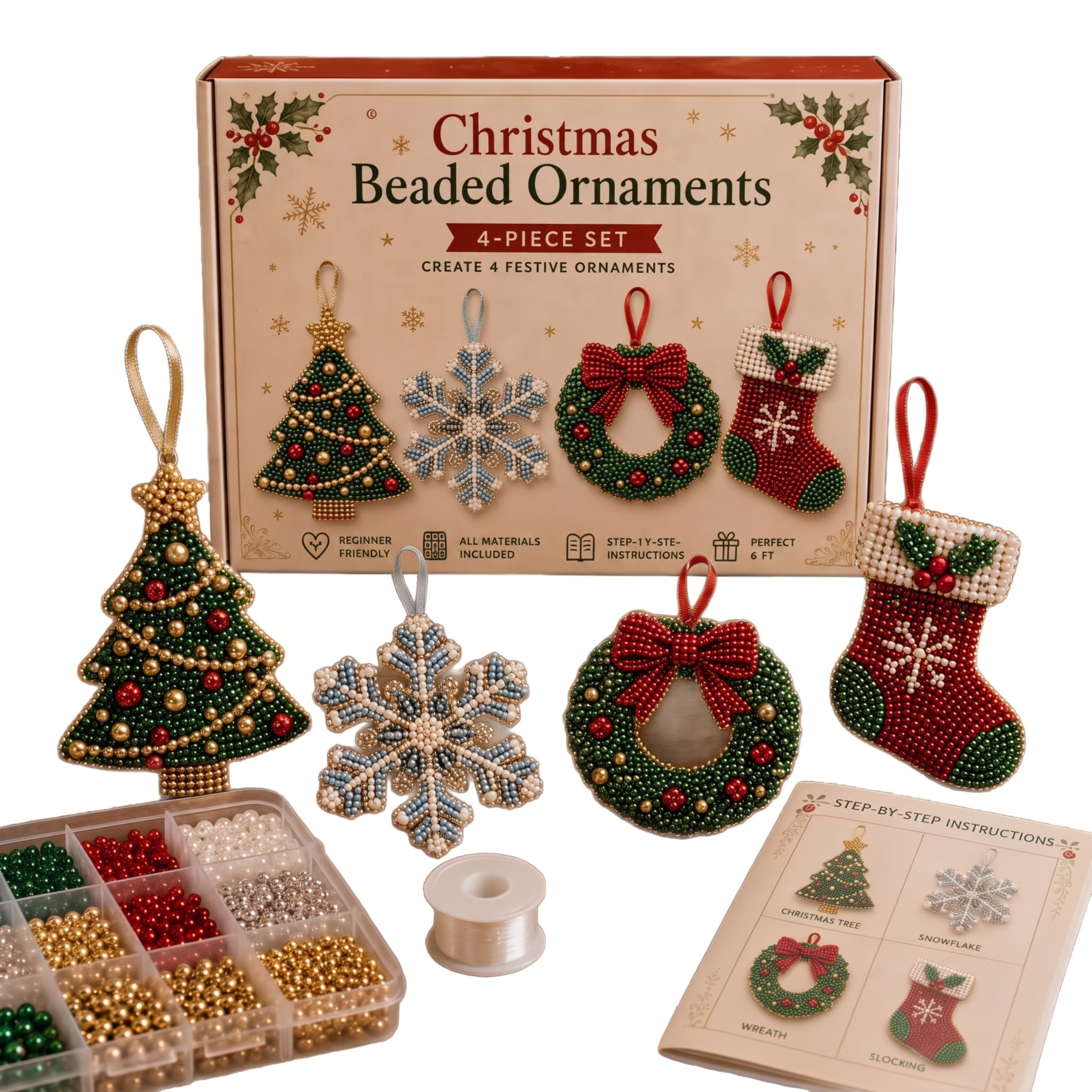 DIY Christmas Beaded Ornaments Kit | 4-Piece Festive Holiday Craft Set