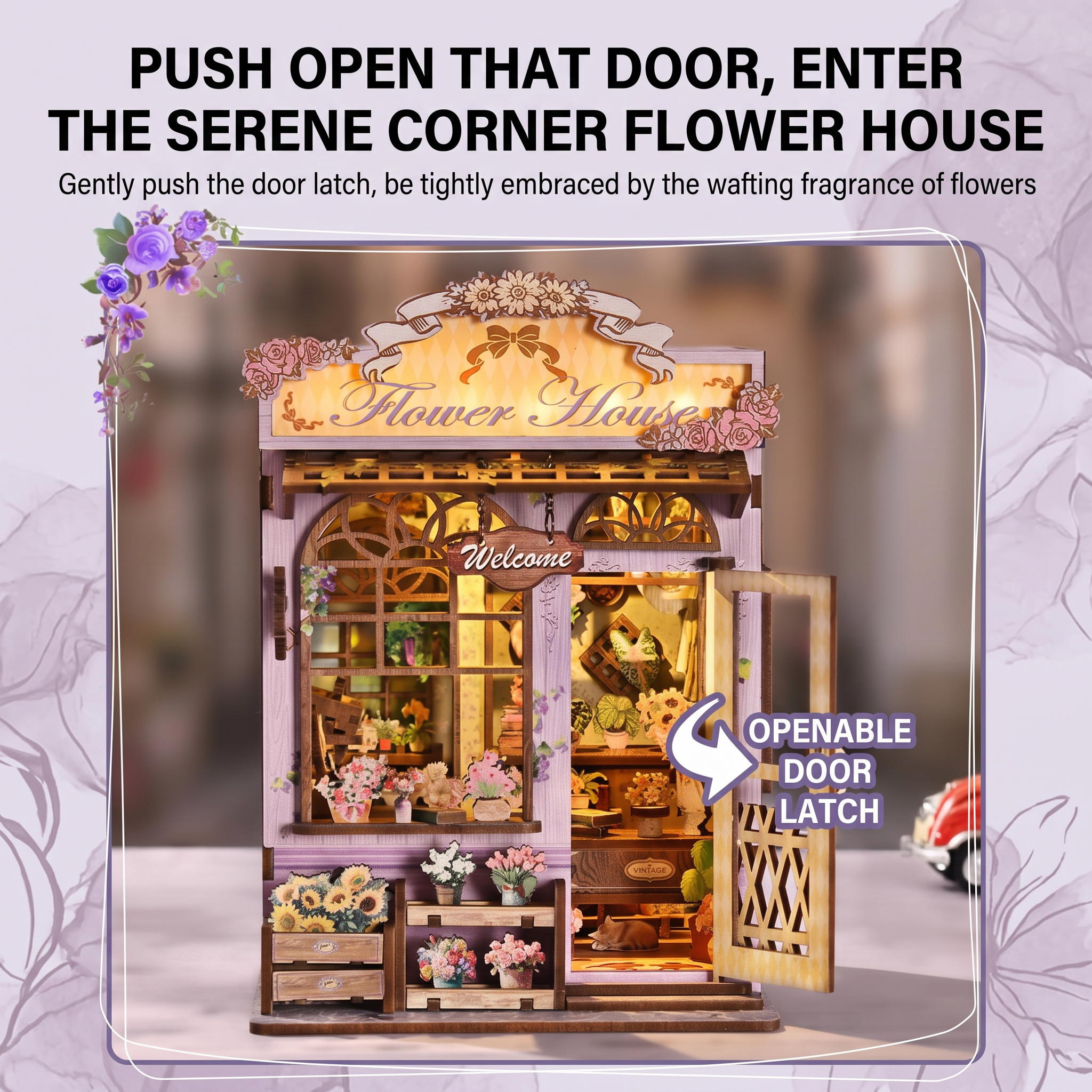 Quiet Corner Flower House DIY Miniature Book Nook Kit | 3D Wooden Puzzle Dollhouse with Touch LED Lights