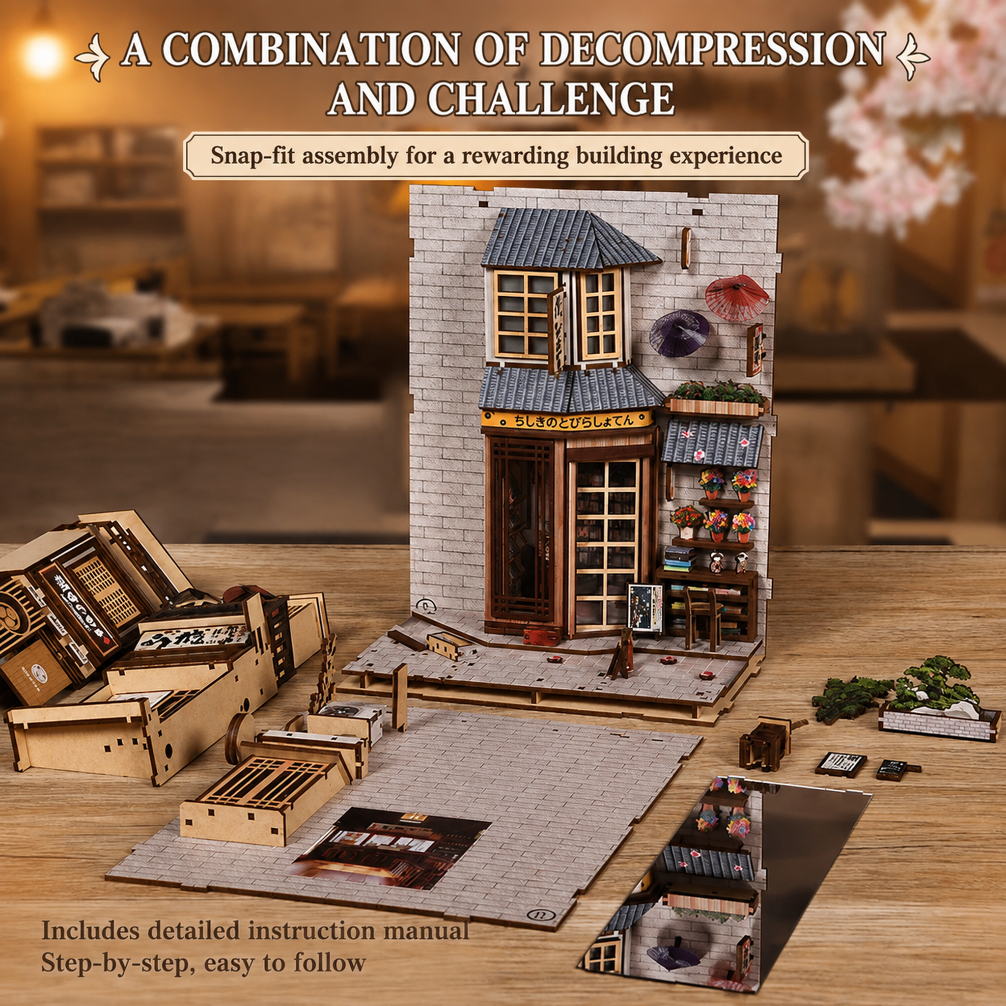 The Alley Waiting for the Cat - Japanese Street DIY Wooden Book Nook Kit with LED Touch Light