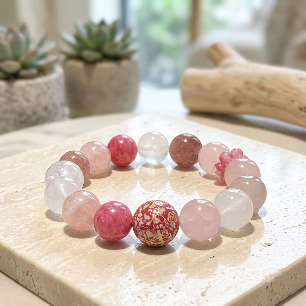 The Rose Love Letter — Premium Rose Quartz & Strawberry Quartz Serenity Bracelet-Fire
