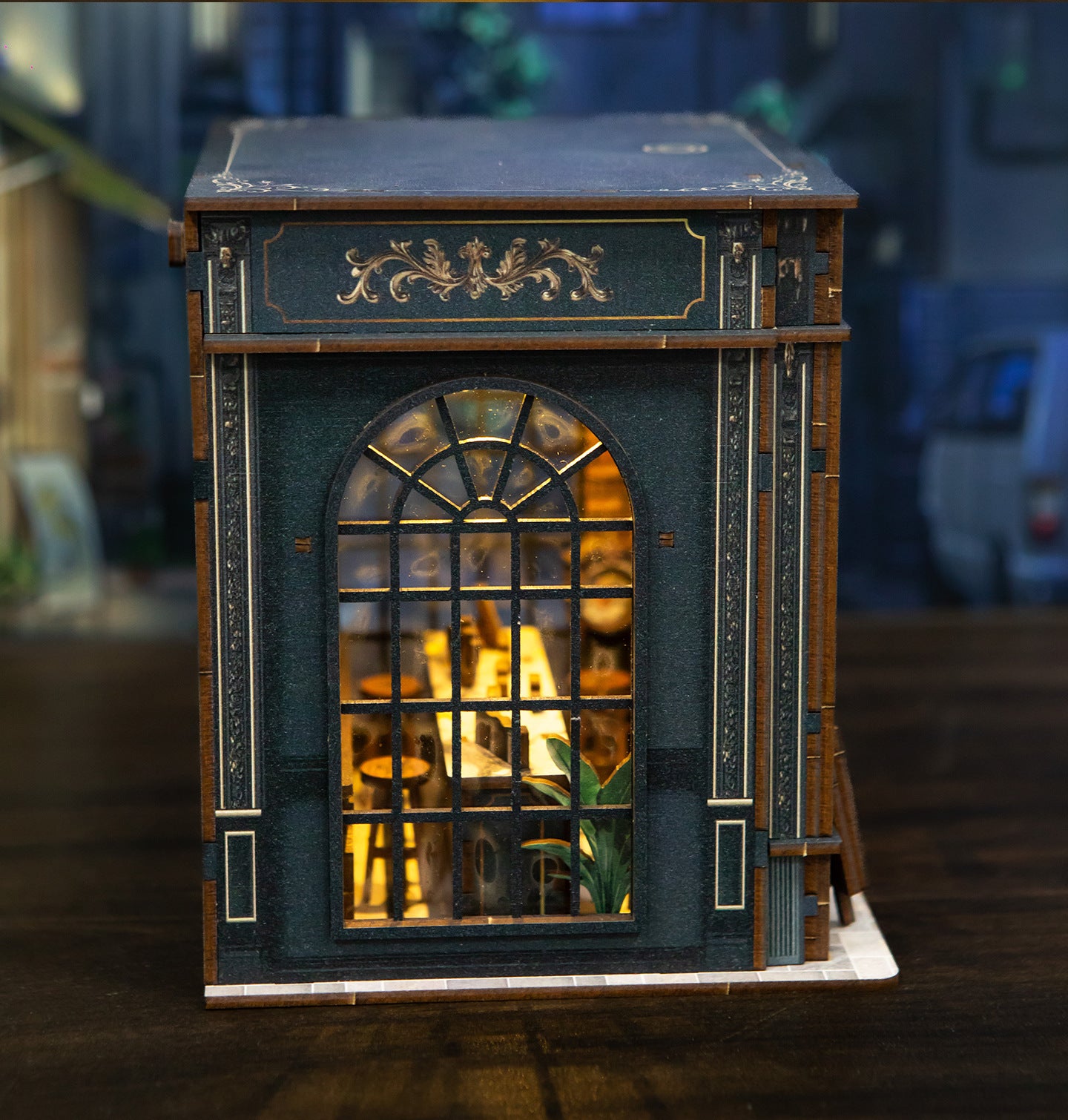 Green Crystal Coffee Shop Miniature House | Vintage 3D DIY Wooden Puzzle with LED Lights