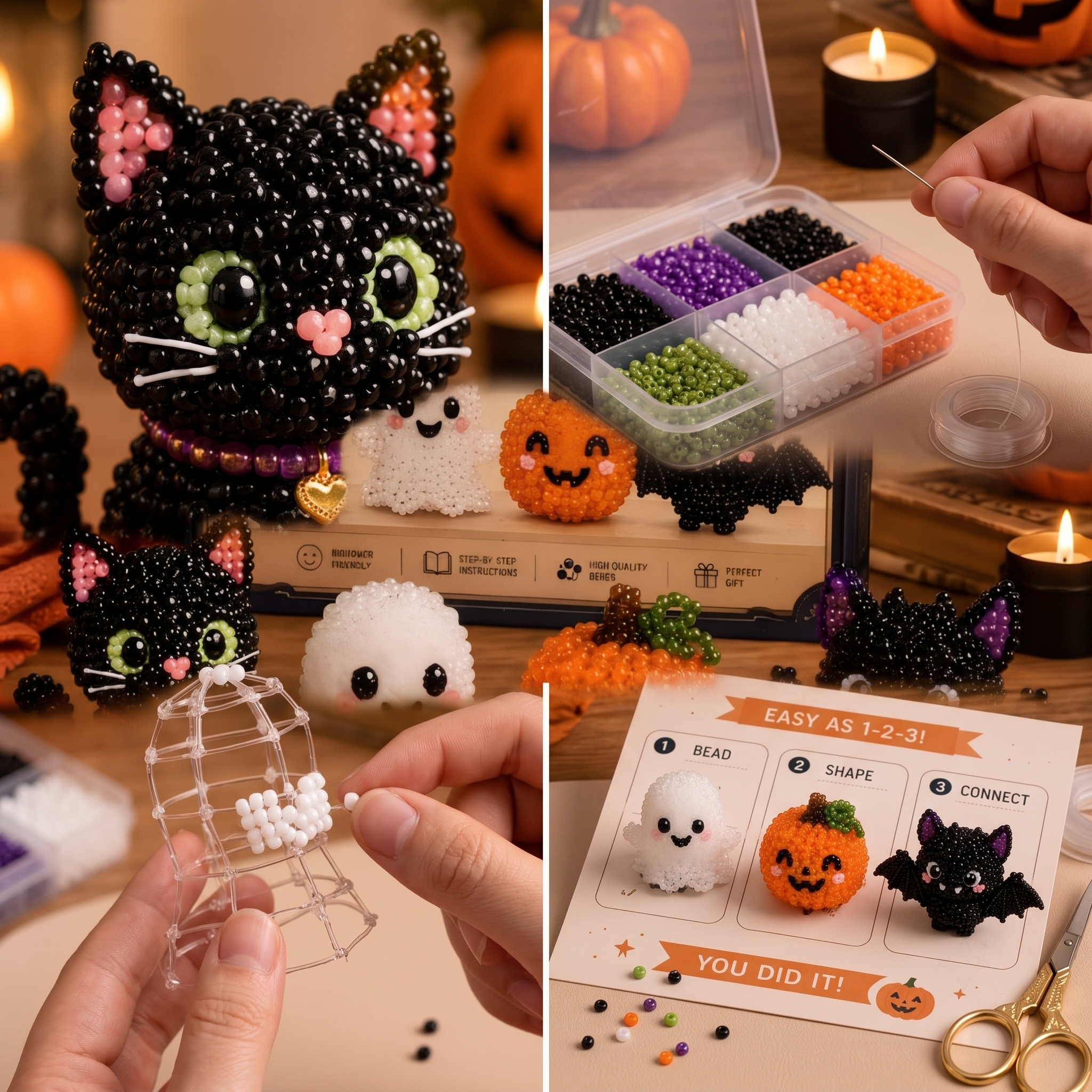 Halloween Cute Spookies 3D Beaded DIY Kit - 4 Piece Craft Set (Cat, Ghost, Pumpkin, Bat)