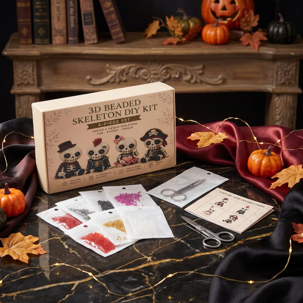 4-Piece 3D Beaded Skeleton DIY Kit - Halloween Craft & Decor Set for Beginners