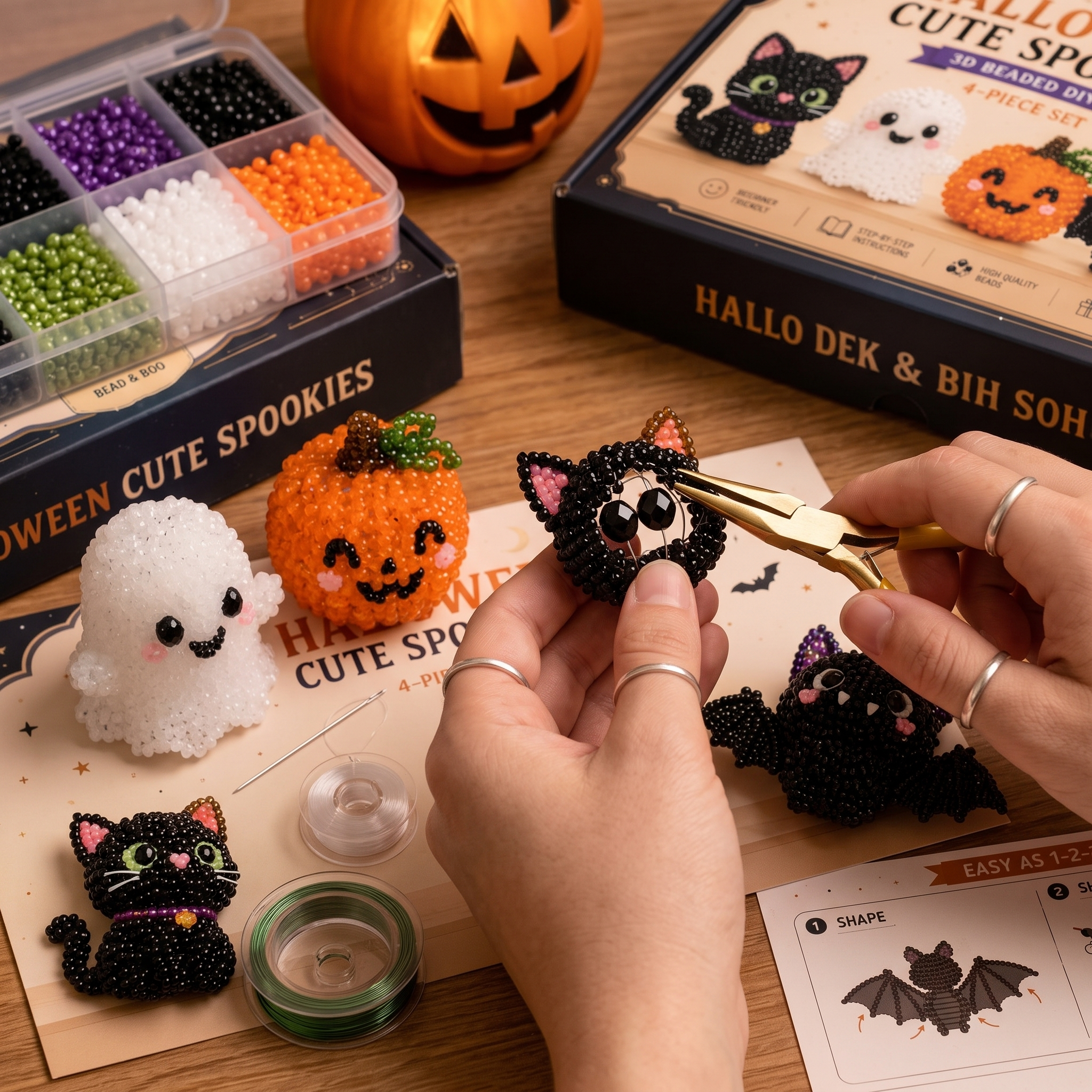 Halloween Cute Spookies 3D Beaded DIY Kit - 4 Piece Craft Set (Cat, Ghost, Pumpkin, Bat)